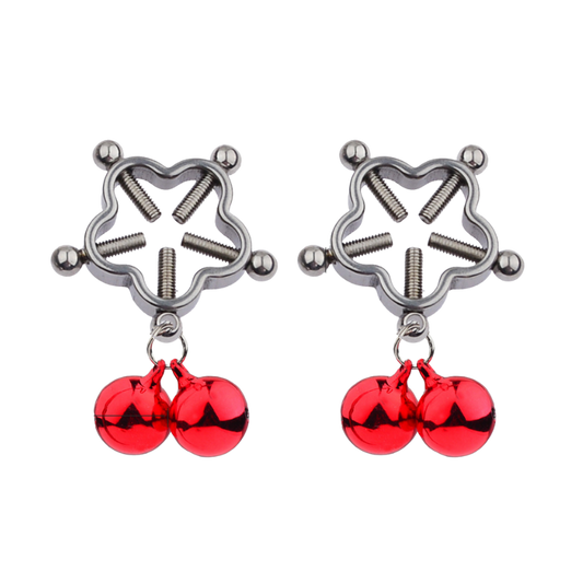 Two star-shaped nipple clips with rounded corners and attached two red bells each