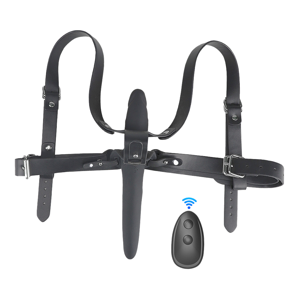Black strap-on dildo on a harness with a black remote control on a transparent background