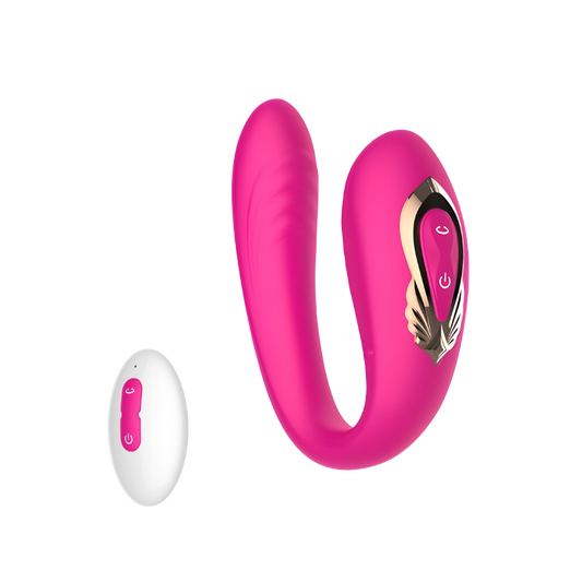 Pink and gold couple's U-shaped vibrator and a white remote control on a white background